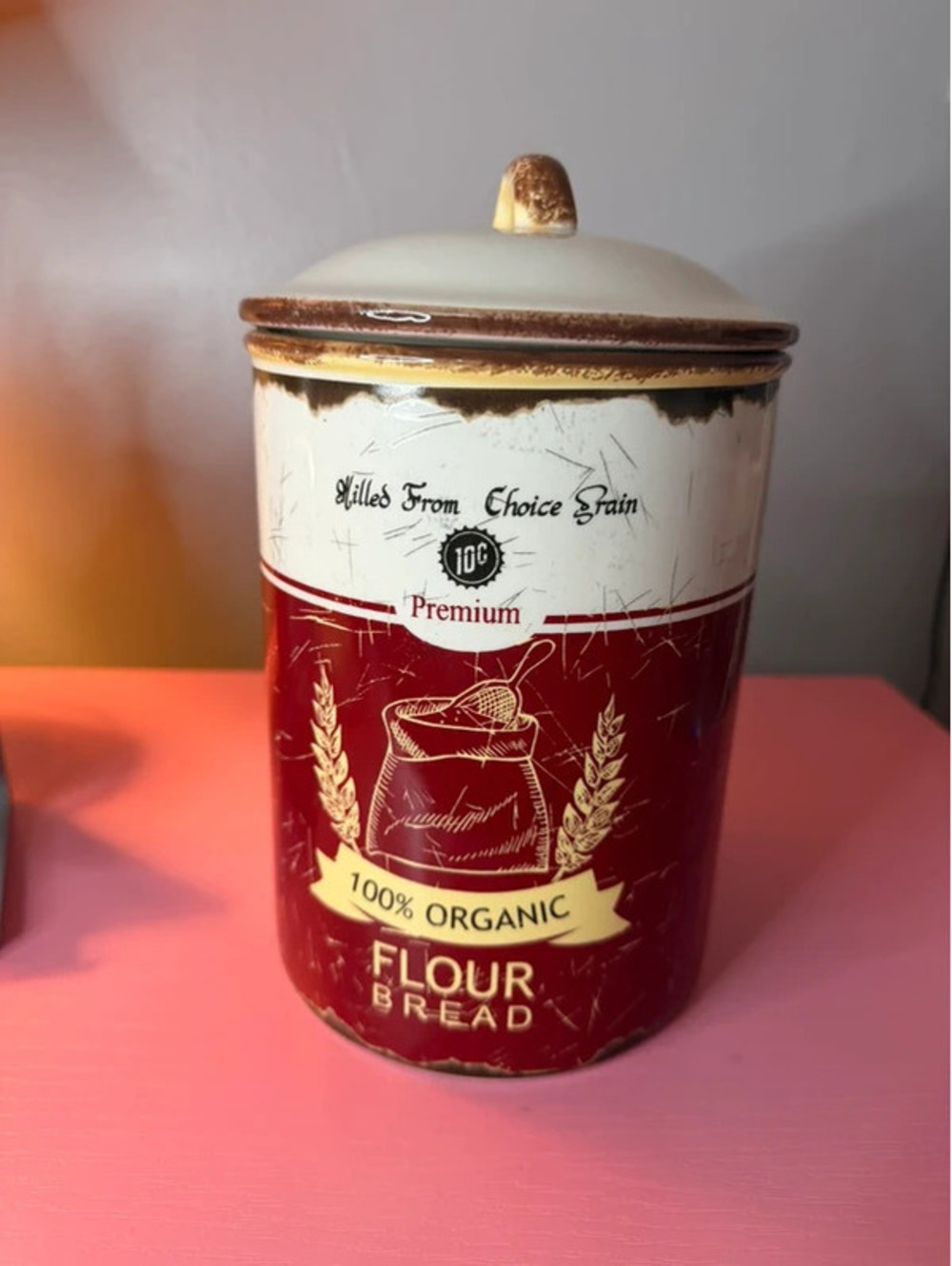 Large Ceramic Flour Canister with Lid Rustic Farmhouse Kitchen Decor primitive